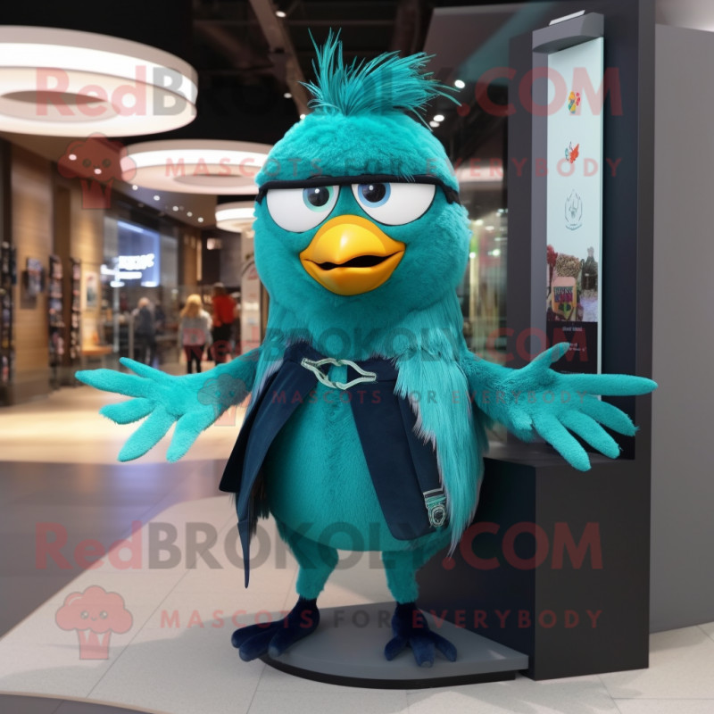Teal Blackbird mascot costume character dressed with a Flare Jeans and Keychains Teal Blackbird mascot costume character dressed with a Flare Jeans and Keychains