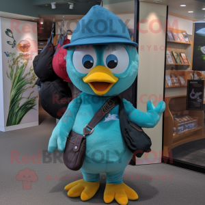 Teal Blackbird mascot costume character dressed with a Flare Jeans and Keychains