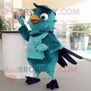 Teal Blackbird mascot costume character dressed with a Flare Jeans and Keychains