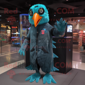 Teal Blackbird mascot costume character dressed with a Flare Jeans and Keychains