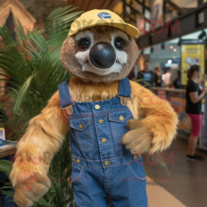 Gold Giant Sloth mascot costume character dressed with a Denim Shirt and Cummerbunds