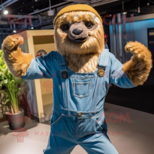 Gold Giant Sloth mascot costume character dressed with a Denim Shirt and Cummerbunds