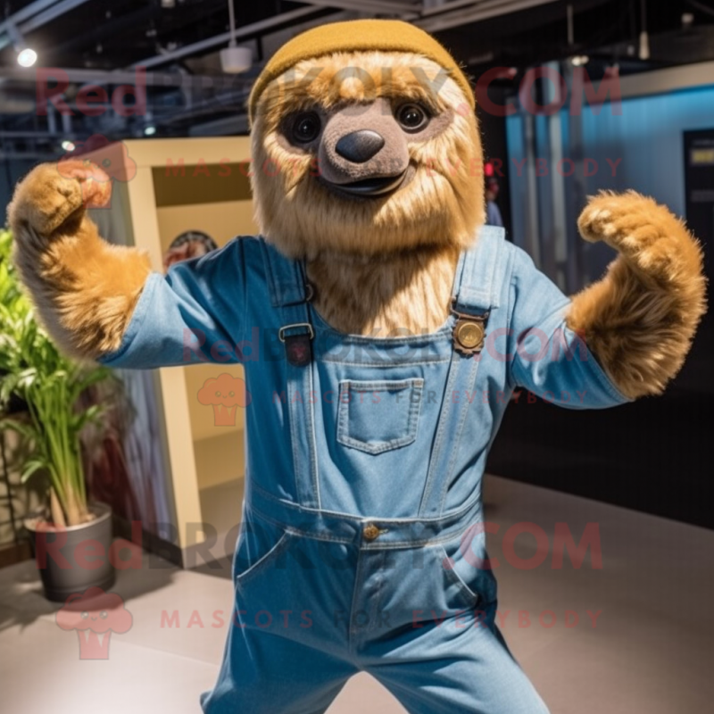 Gold Giant Sloth mascot costume character dressed with a Denim Shirt and Cummerbunds Gold Giant Sloth mascot costume character dressed with a Denim Shirt and Cummerbunds