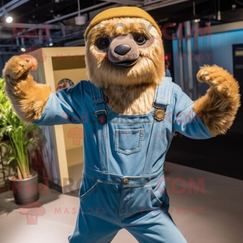 Gold Giant Sloth mascot costume character dressed with a Denim Shirt and Cummerbunds