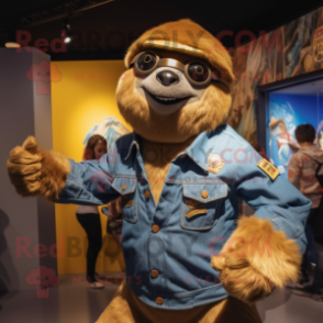 Gold Giant Sloth mascot costume character dressed with a Denim Shirt and Cummerbunds