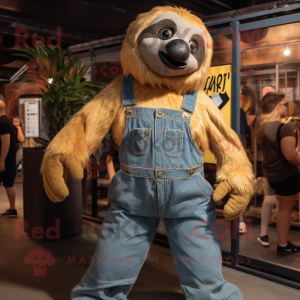 Gold Giant Sloth mascot costume character dressed with a Denim Shirt and Cummerbunds