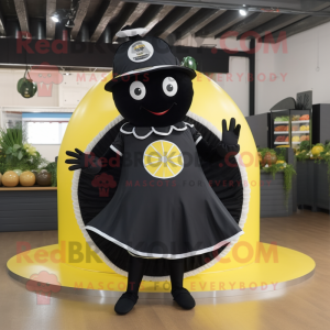 Black Lemon mascot costume character dressed with a Circle Skirt and Caps