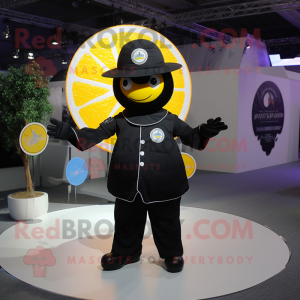 Black Lemon mascot costume character dressed with a Circle Skirt and Caps