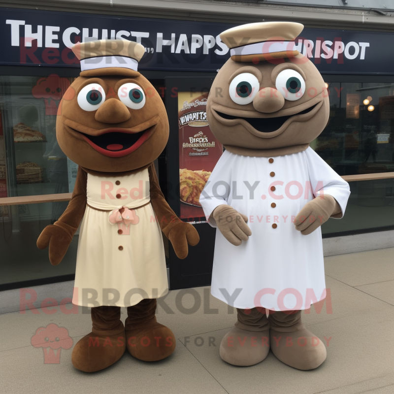 Brown Fish And Chips mascot costume character dressed with a Empire Waist Dress and Cufflinks