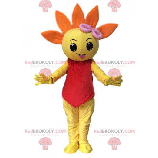Mascote gigante de flor laranja e amarela, fantasia de