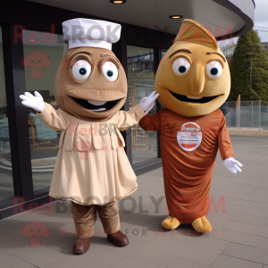 Brown Fish And Chips mascot costume character dressed with a Empire Waist Dress and Cufflinks