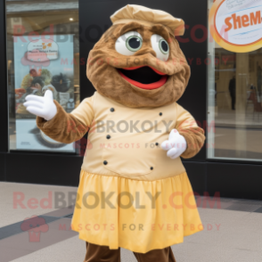 Brown Fish And Chips mascot costume character dressed with a Empire Waist Dress and Cufflinks