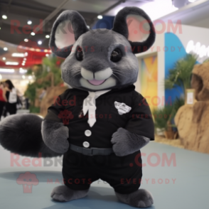 Black Chinchilla mascot costume character dressed with a Vest and Belts