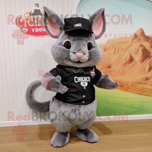 Black Chinchilla mascot costume character dressed with a Vest and Belts
