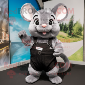 Black Chinchilla mascot costume character dressed with a Vest and Belts