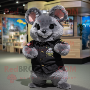 Black Chinchilla mascot costume character dressed with a Vest and Belts