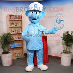 Sky Blue Doctor mascot costume character dressed with a Henley Shirt and Caps