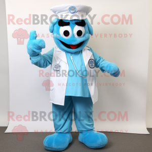 Sky Blue Doctor mascot costume character dressed with a Henley Shirt and Caps