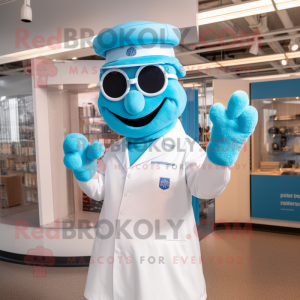 Sky Blue Doctor mascot costume character dressed with a Henley Shirt and Caps