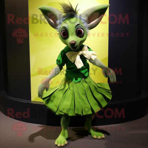 Green Aye-Aye mascot costume character dressed with a Wrap Skirt and Bow ties