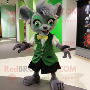 Green Aye-Aye mascot costume character dressed with a Wrap Skirt and Bow ties