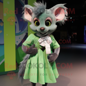 Green Aye-Aye mascot costume character dressed with a Wrap Skirt and Bow ties