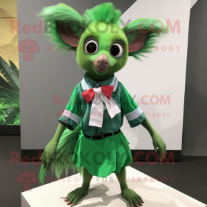 Green Aye-Aye mascot costume character dressed with a Wrap Skirt and Bow ties