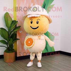 Beige Grapefruit mascot costume character dressed with a Henley Tee and Earrings