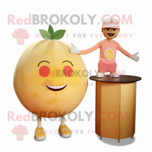 Beige Grapefruit mascot costume character dressed with a Henley Tee and Earrings