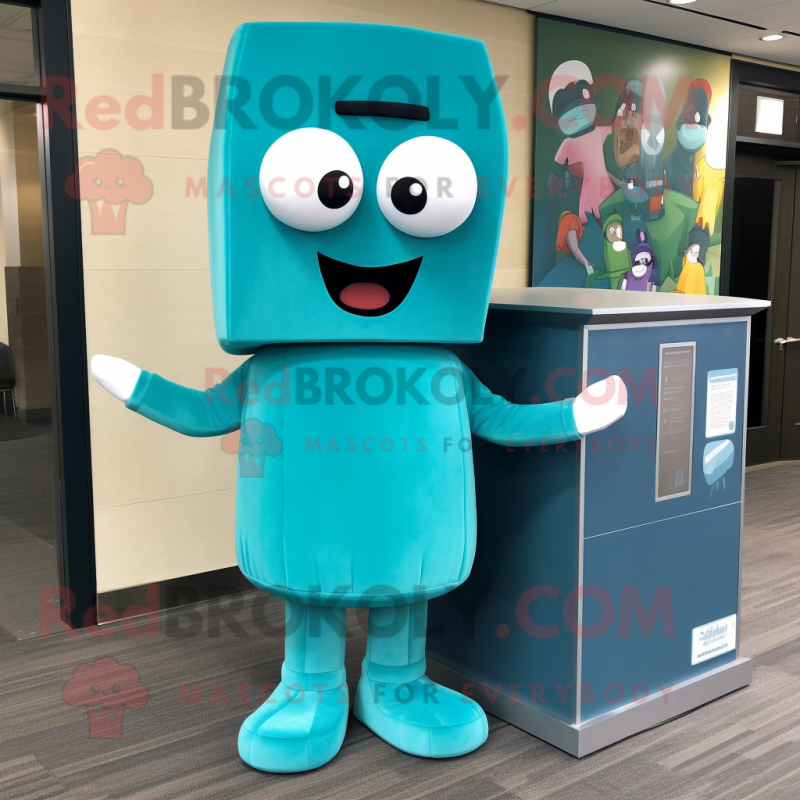 Teal Candy Box mascot costume character dressed with a Sheath Dress and Beanies Teal Candy Box mascot costume character dressed with a Sheath Dress and Beanies