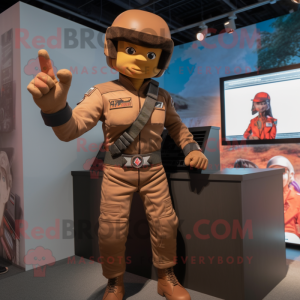 Brown Gi Joe mascot costume character dressed with a T-Shirt and Hairpins