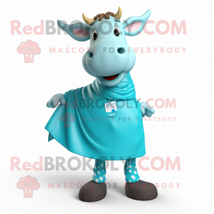 Cyan Jersey Cow mascot costume character dressed with a Wrap Skirt and Hairpins