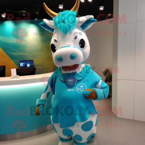 Cyan Jersey Cow mascot costume character dressed with a Wrap Skirt and Hairpins