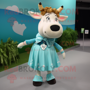 Cyan Jersey Cow mascot costume character dressed with a Wrap Skirt and Hairpins
