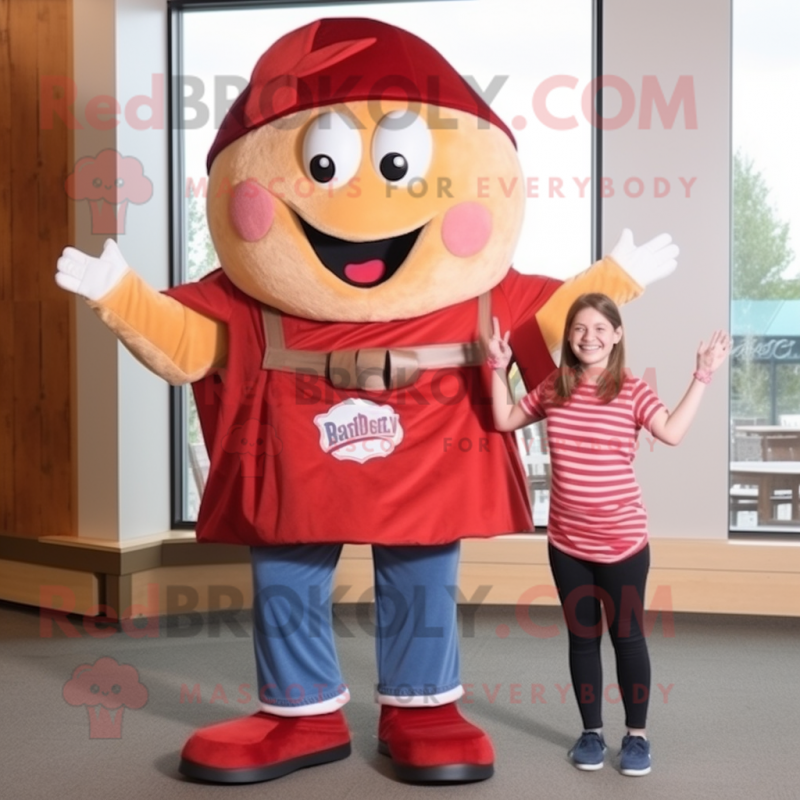 Red Pizza Slice mascot costume character dressed with a Mom Jeans and Suspenders Red Pizza Slice mascot costume character dressed with a Mom Jeans and Suspenders