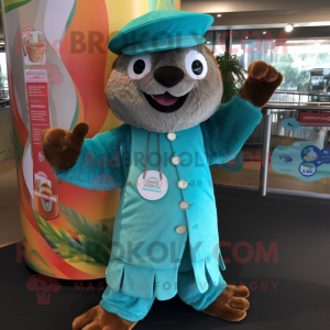 Turquoise Sloth mascot costume character dressed with a A-Line Dress and Hat pins