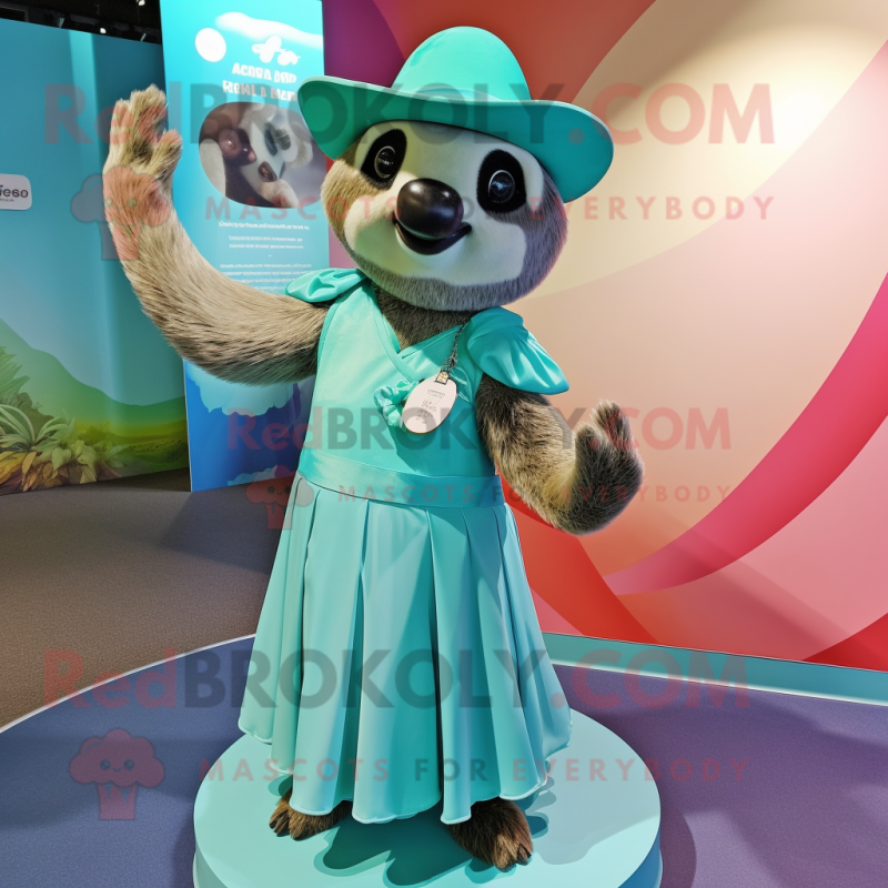 Turquoise Sloth mascot costume character dressed with a A-Line Dress and Hat pins