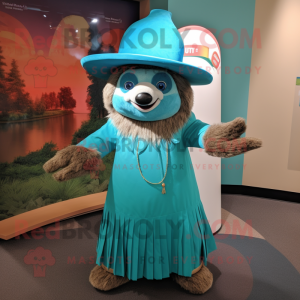 Turquoise Sloth mascot costume character dressed with a A-Line Dress and Hat pins