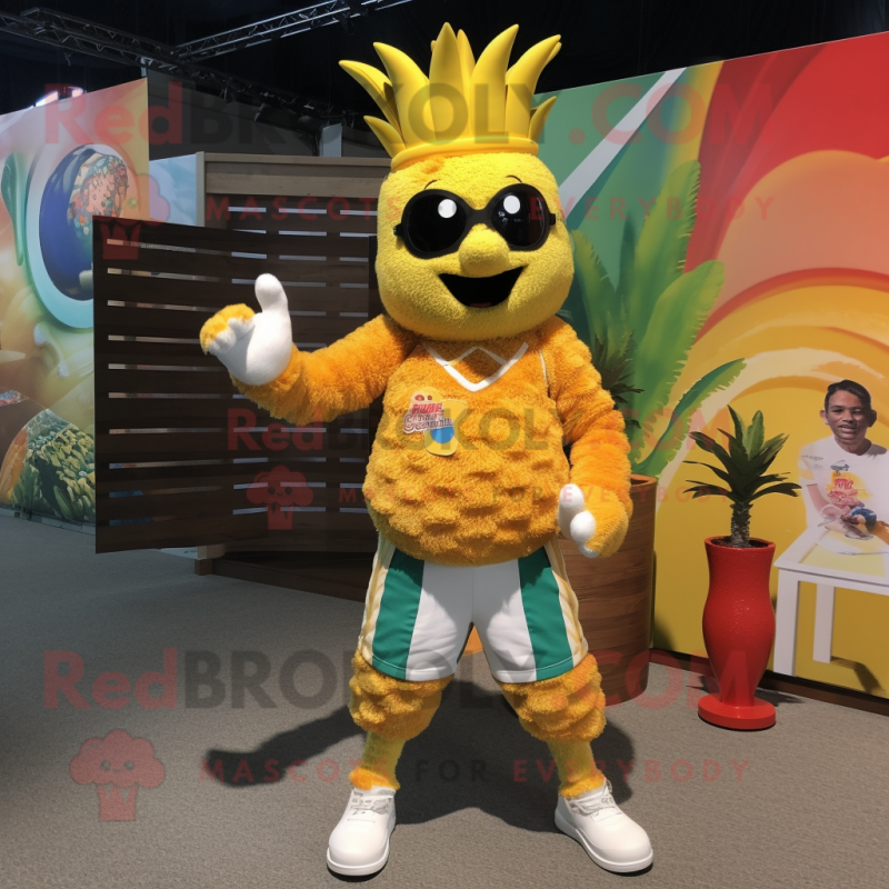 Yellow Pineapple mascot costume character dressed with a Board Shorts and Bracelet watches