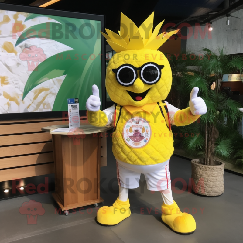 Yellow Pineapple mascot costume character dressed with a Board Shorts and Bracelet watches