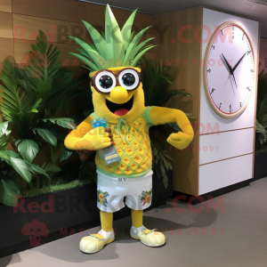 Yellow Pineapple mascot costume character dressed with a Board Shorts and Bracelet watches