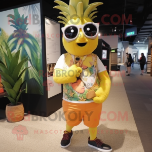 Yellow Pineapple mascot costume character dressed with a Board Shorts and Bracelet watches