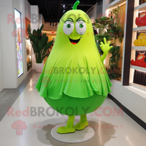 Lime Green Mango mascot costume character dressed with a Skirt and Shoe clips
