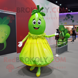 Lime Green Mango mascot costume character dressed with a Skirt and Shoe clips