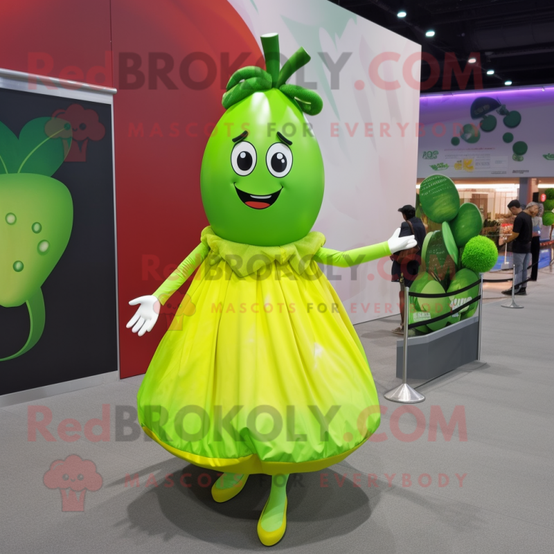 Lime Green Mango mascot costume character dressed with a Skirt and Shoe clips Lime Green Mango mascot costume character dressed with a Skirt and Shoe clips