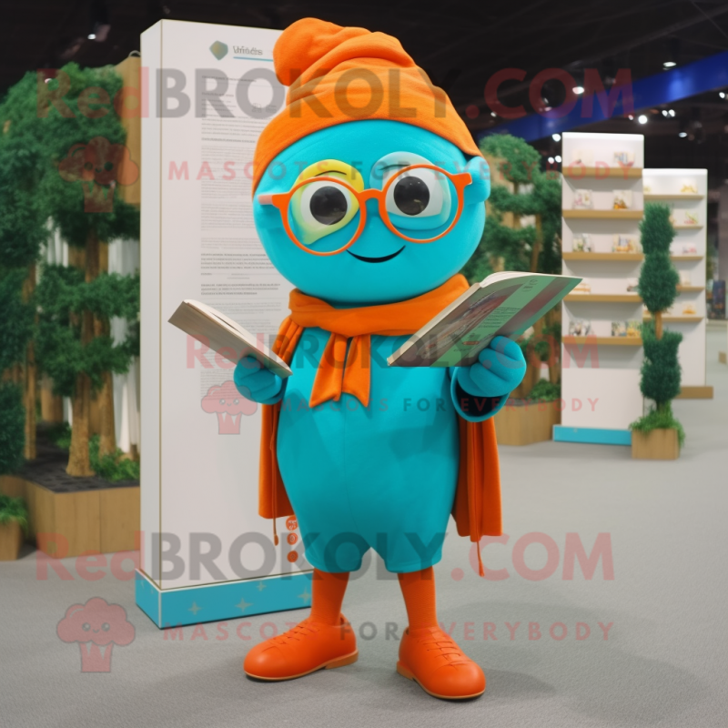 Turquoise Orange mascot costume character dressed with a Long Sleeve Tee and Reading glasses