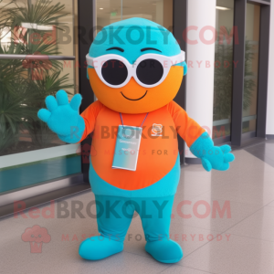 Turquoise Orange mascot costume character dressed with a Long Sleeve Tee and Reading glasses