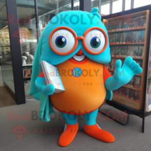 Turquoise Orange mascot costume character dressed with a Long Sleeve Tee and Reading glasses
