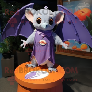 Lavender Fruit Bat mascot costume character dressed with a Swimwear and Shawl pins