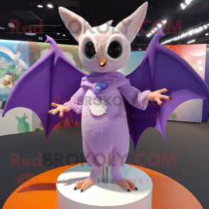 Lavender Fruit Bat mascot costume character dressed with a Swimwear and Shawl pins